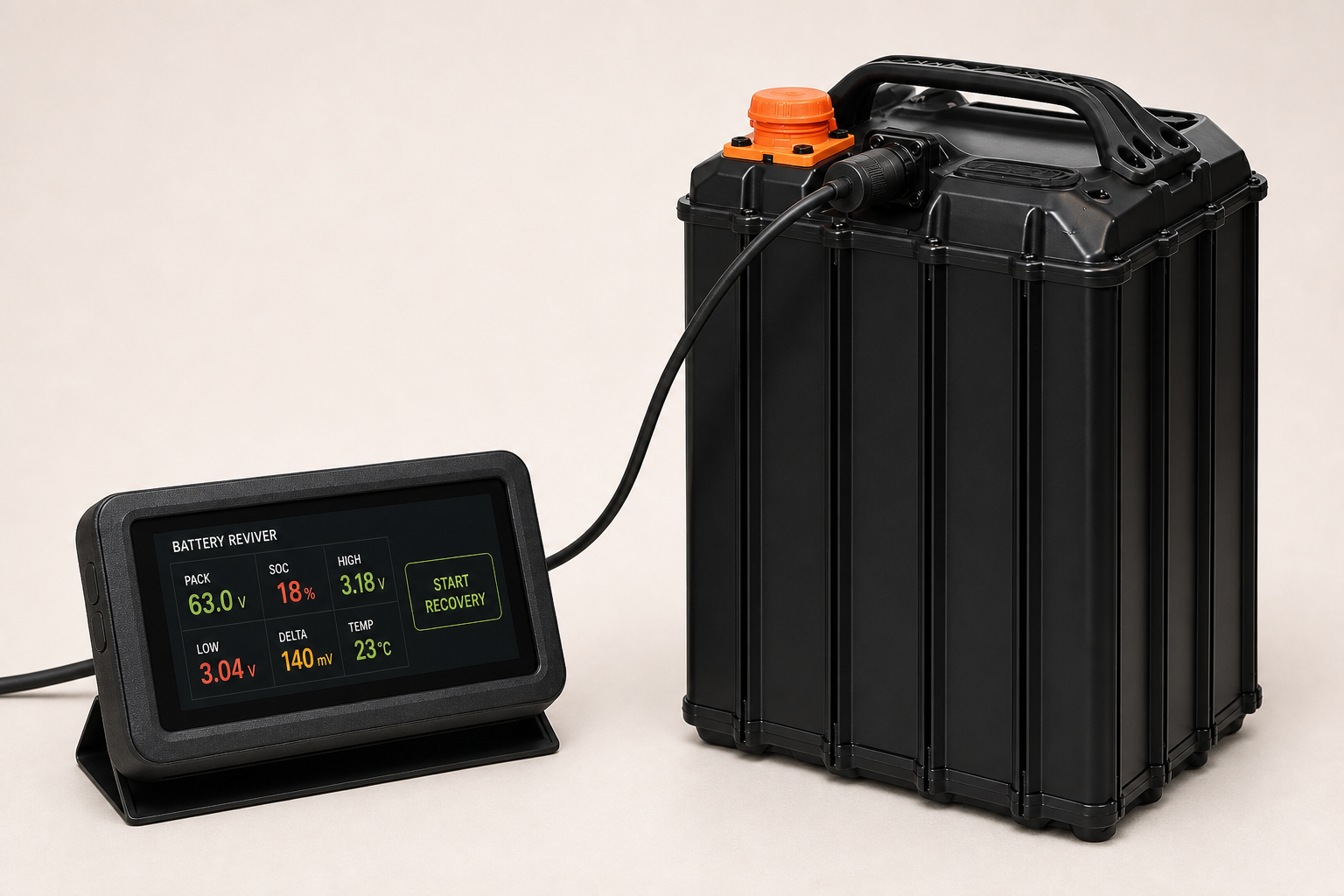 Wide-screen Surron Battery Reviver running beside an Ultra Bee battery with its diagnostic cable plugged into the round top charge and CAN port